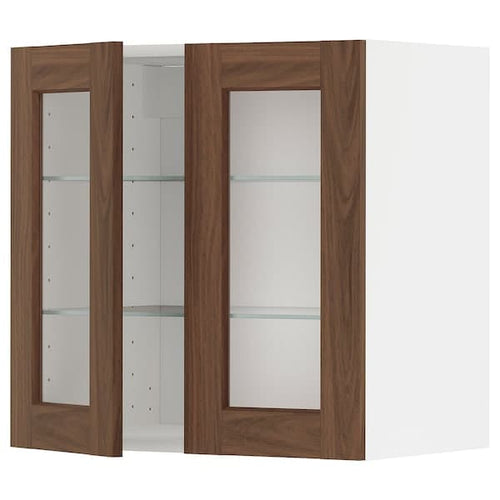 METOD - Wall cabinet w shelves/2 glass drs, white Enköping/brown walnut effect, 60x60 cm