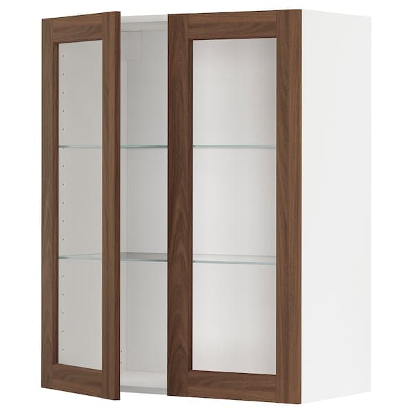 METOD - Wall cabinet w shelves/2 glass drs, white Enköping/brown walnut effect, 80x100 cm - best price from Maltashopper.com 79475123