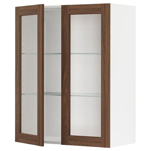 METOD - Wall cabinet w shelves/2 glass drs, white Enköping/brown walnut effect, 80x100 cm