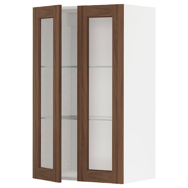 Ikea METOD - Wall cabinet w shelves/2 glass drs, white Enköping/brown walnut effect, 60x100 cm