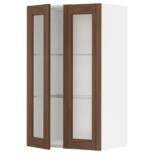 METOD - Wall cabinet w shelves/2 glass drs, white Enköping/brown walnut effect, 60x100 cm