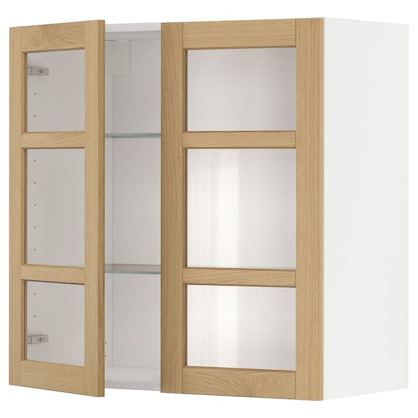 METOD - METOD Wall cabinet w shelves/2 glass drs, white/Forsbacka oak, 80x80 cm