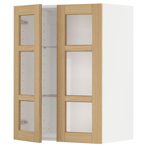 METOD wall cabinet w shelves/2 glass drs, white/Forsbacka oak, 60x80 cm