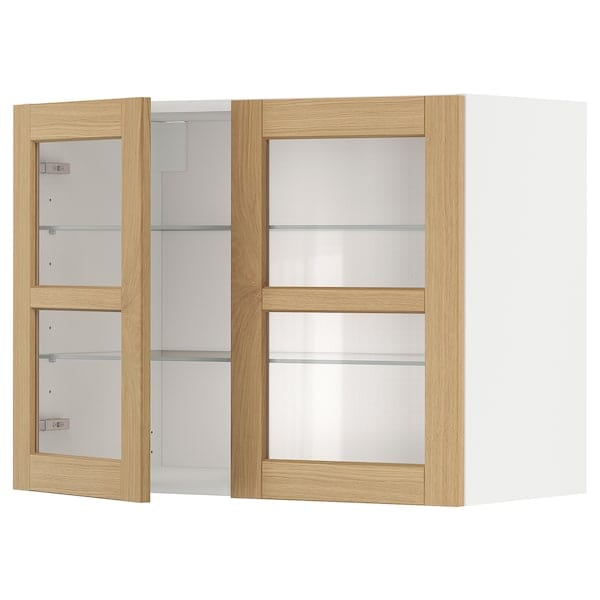 Ikea METOD - Wall cabinet w shelves/2 glass drs, white/Forsbacka oak, 80x60 cm