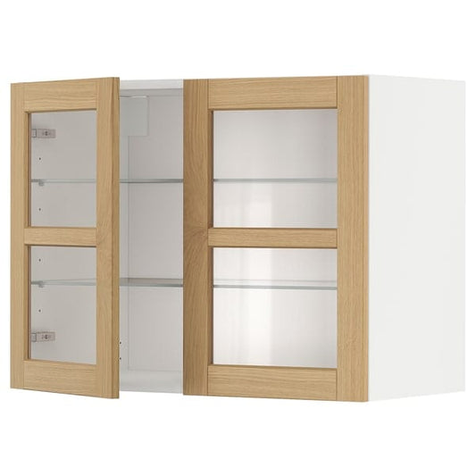 Ikea METOD - Wall cabinet w shelves/2 glass drs, white/Forsbacka oak, 80x60 cm