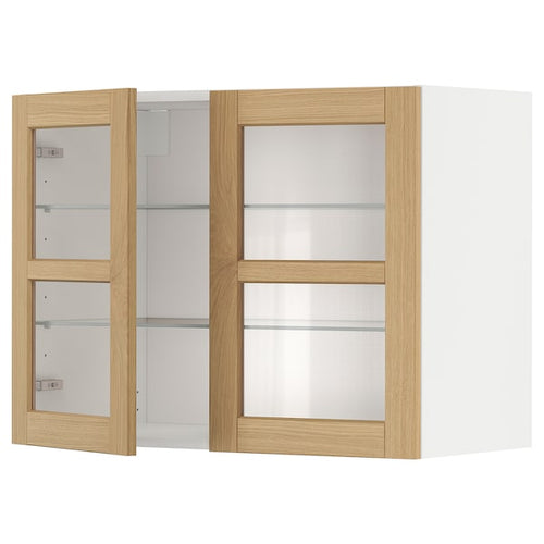 METOD - Wall cabinet w shelves/2 glass drs, white/Forsbacka oak, 80x60 cm