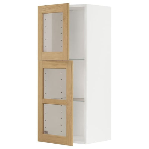 METOD wall cabinet w shelves/2 glass drs, white/Forsbacka oak, 40x100 cm