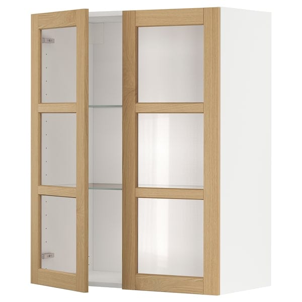 Ikea METOD - Wall cabinet w shelves/2 glass drs, white/Forsbacka oak, 80x100 cm