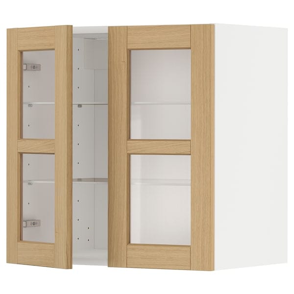 Ikea METOD - Wall cabinet w shelves/2 glass drs, white/Forsbacka oak, 60x60 cm