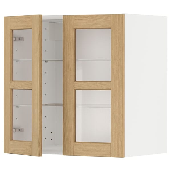 METOD - Wall cabinet w shelves/2 glass drs, white/Forsbacka oak, 60x60 cm - best price from Maltashopper.com 89509354