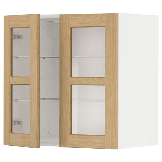 Ikea METOD - Wall cabinet w shelves/2 glass drs, white/Forsbacka oak, 60x60 cm
