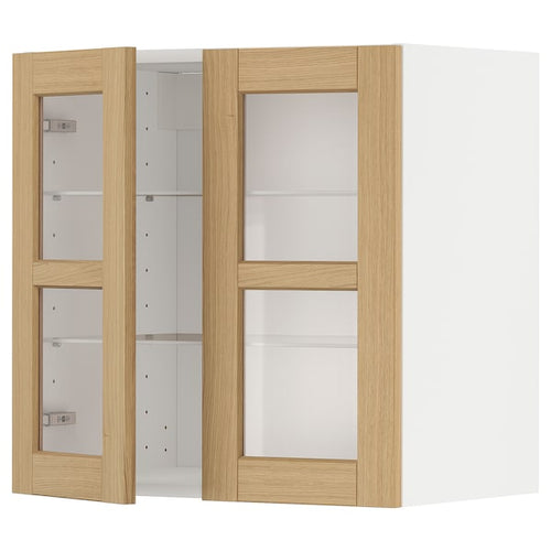 METOD - Wall cabinet w shelves/2 glass drs, white/Forsbacka oak, 60x60 cm