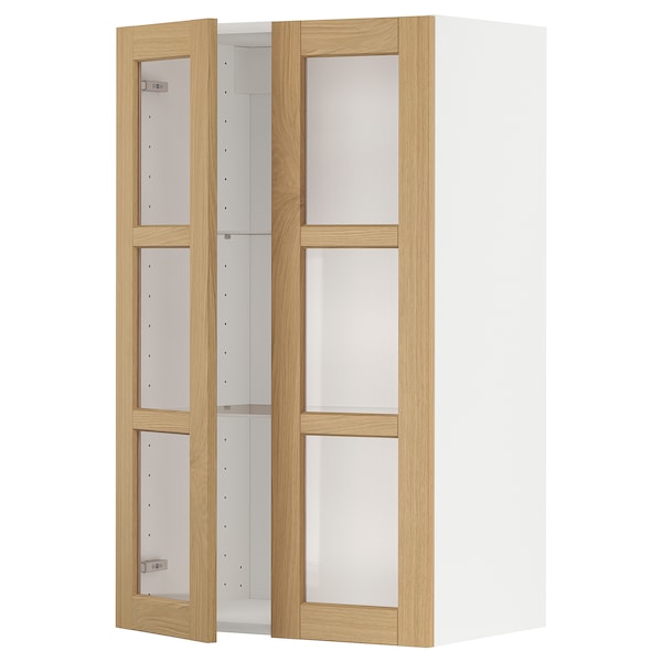 METOD - Wall cabinet w shelves/2 glass drs, white/Forsbacka oak, 60x100 cm - best price from Maltashopper.com 99509358
