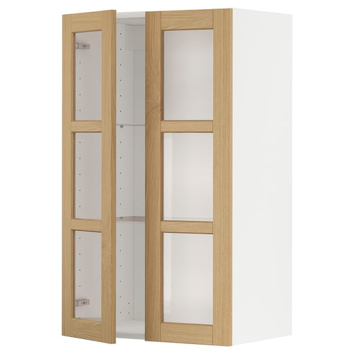 METOD - Wall cabinet w shelves/2 glass drs, white/Forsbacka oak, 60x100 cm