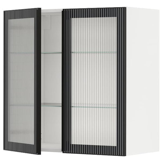 Ikea METOD - Wall cabinet w shelves/2 glass drs, white/Hejsta anthracite reeded glass, 80x80 cm