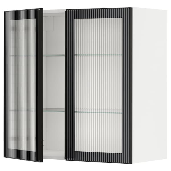 METOD - Wall cabinet w shelves/2 glass drs, white/Hejsta anthracite reeded glass, 80x80 cm