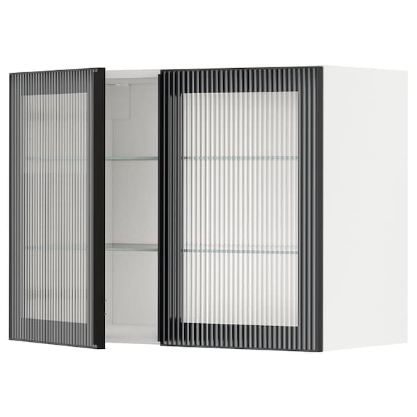 METOD - Wall cabinet w shelves/2 glass drs, white/Hejsta anthracite reeded glass, 80x60 cm - best price from Maltashopper.com 89490651