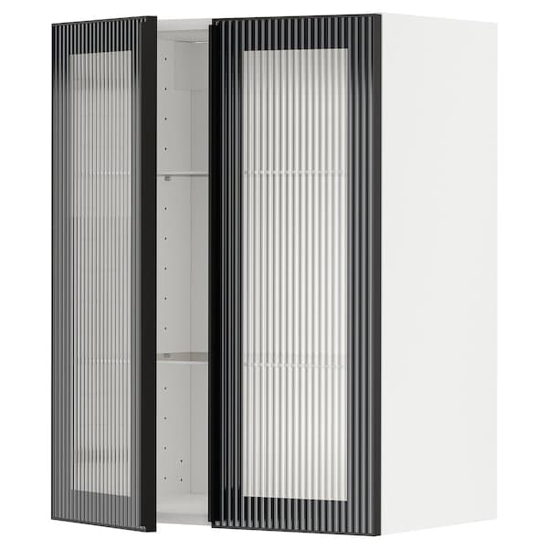 METOD - Wall cabinet w shelves/2 glass drs, white/Hejsta anthracite reeded glass, 60x80 cm