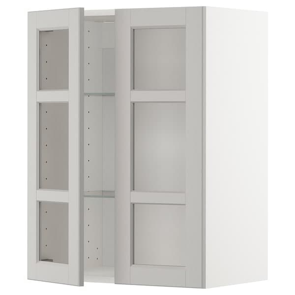 METOD - Wall cabinet w shelves/2 glass drs, white/Lerhyttan light grey, 60x80 cm - best price from Maltashopper.com 89456280