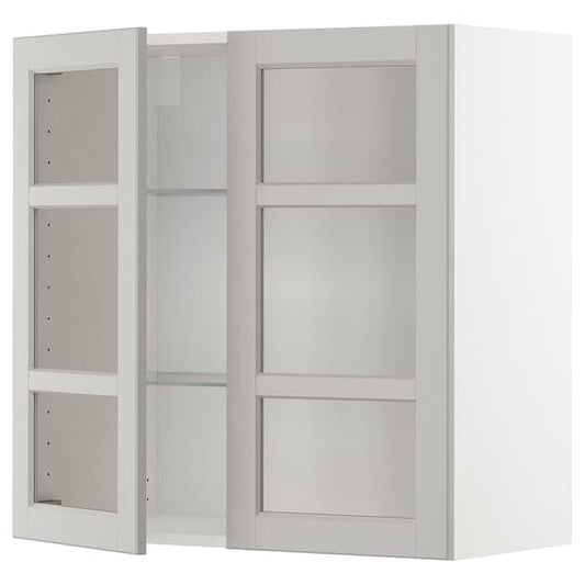 Ikea METOD - Wall cabinet w shelves/2 glass drs, white/Lerhyttan light grey, 80x80 cm