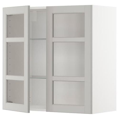 METOD - Wall cabinet w shelves/2 glass drs, white/Lerhyttan light grey, 80x80 cm