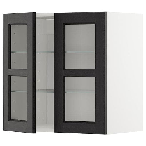 METOD wall cabinet w shelves/2 glass drs, white/Lerhyttan black stained, 60x60 cm