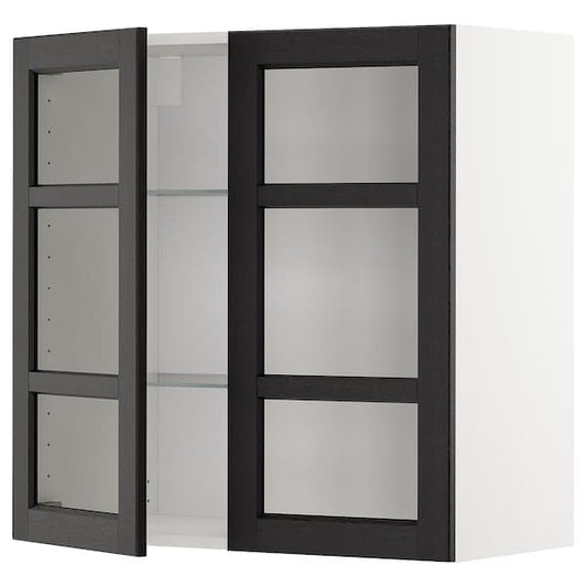 Ikea METOD - Wall cabinet w shelves/2 glass drs, white/Lerhyttan black stained, 80x80 cm