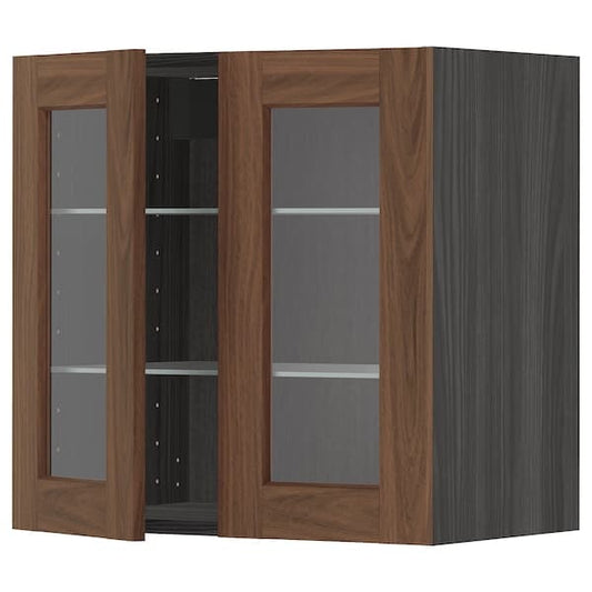 Ikea METOD - Wall cabinet w shelves/2 glass drs, black Enköping/brown walnut effect, 60x60 cm