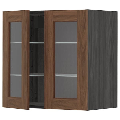 METOD - Wall cabinet w shelves/2 glass drs, black Enköping/brown walnut effect, 60x60 cm