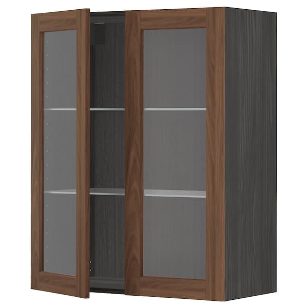Ikea METOD - Wall cabinet w shelves/2 glass drs, black Enköping/brown walnut effect, 80x100 cm