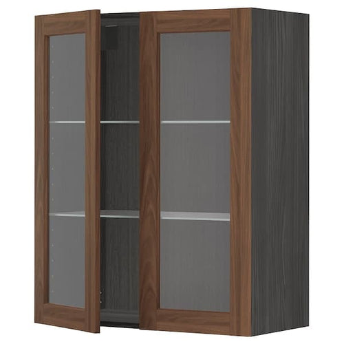 METOD - Wall cabinet w shelves/2 glass drs, black Enköping/brown walnut effect, 80x100 cm