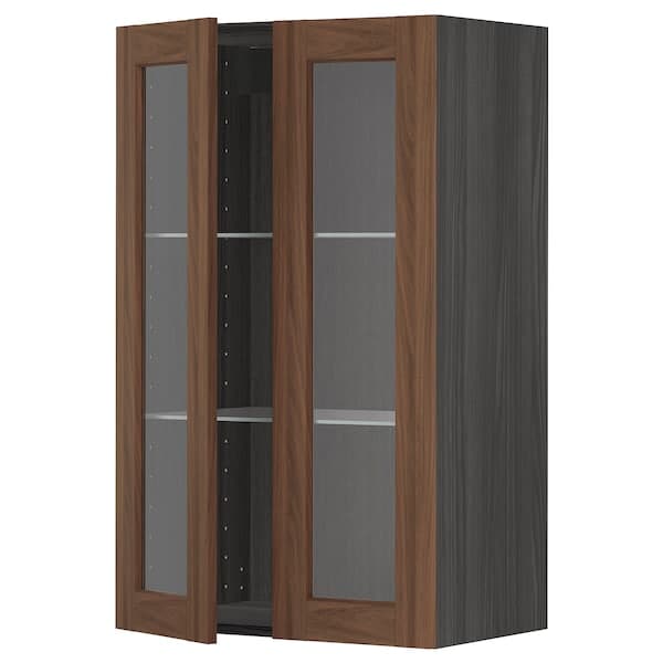 METOD - Wall cabinet w shelves/2 glass drs, black Enköping/brown walnut effect, 60x100 cm - best price from Maltashopper.com 39476493