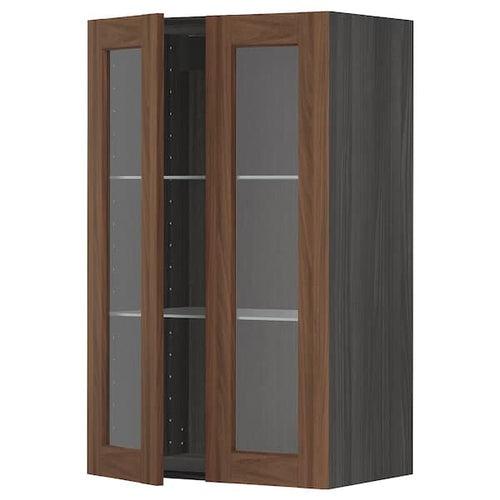 METOD - Wall cabinet w shelves/2 glass drs, black Enköping/brown walnut effect, 60x100 cm