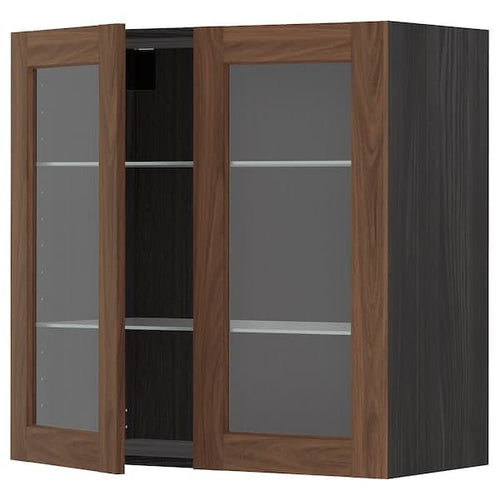 METOD - Wall cabinet w shelves/2 glass drs, black Enköping/brown walnut effect, 80x80 cm