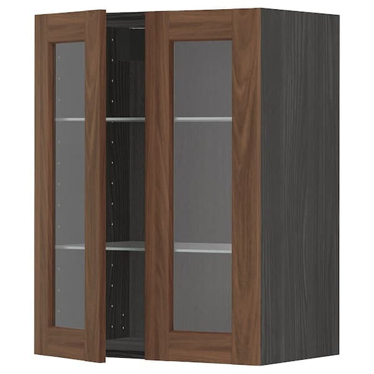METOD - Wall cabinet w shelves/2 glass drs, black Enköping/brown walnut effect, 60x80 cm - best price from Maltashopper.com 79476491