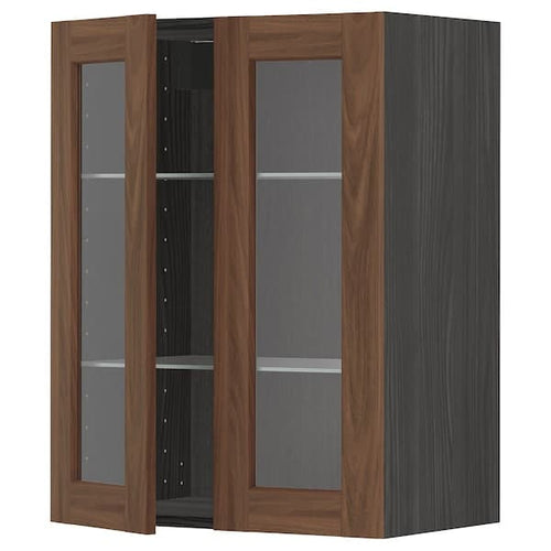 METOD - Wall cabinet w shelves/2 glass drs, black Enköping/brown walnut effect, 60x80 cm