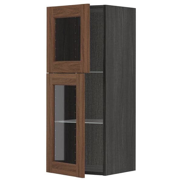 METOD - Wall cabinet w shelves/2 glass drs, black Enköping/brown walnut effect, 40x100 cm