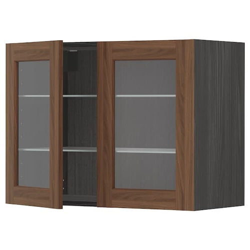 METOD - Wall cabinet w shelves/2 glass drs, black Enköping/brown walnut effect, 80x60 cm