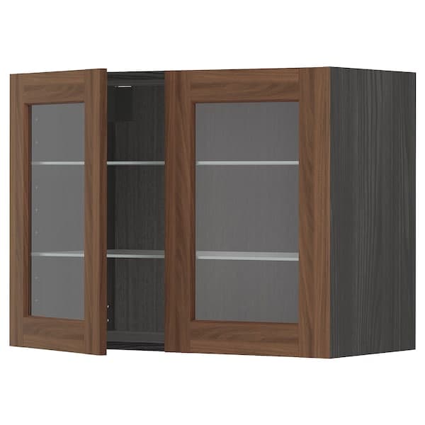 METOD - Wall cabinet w shelves/2 glass drs, black Enköping/brown walnut effect, 80x60 cm