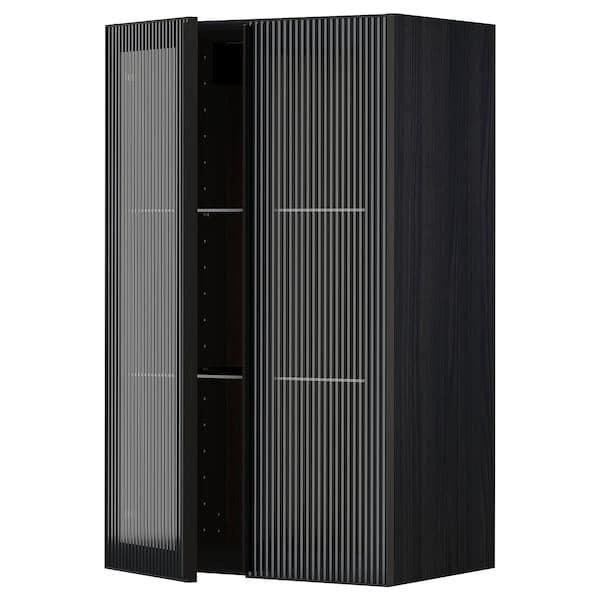 Ikea METOD - Wall cabinet w shelves/2 glass drs, black/Hejsta anthracite reeded glass, 60x100 cm
