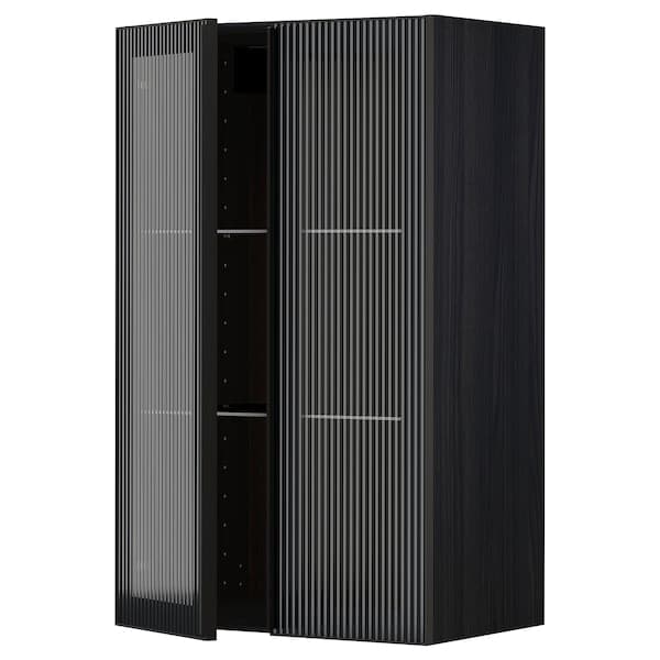 METOD - Wall cabinet w shelves/2 glass drs, black/Hejsta anthracite reeded glass, 60x100 cm