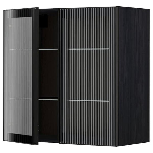 Ikea METOD - Wall cabinet w shelves/2 glass drs, black/Hejsta anthracite reeded glass, 80x80 cm