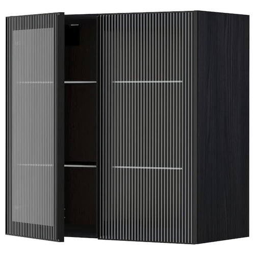 METOD - Wall cabinet w shelves/2 glass drs, black/Hejsta anthracite reeded glass, 80x80 cm