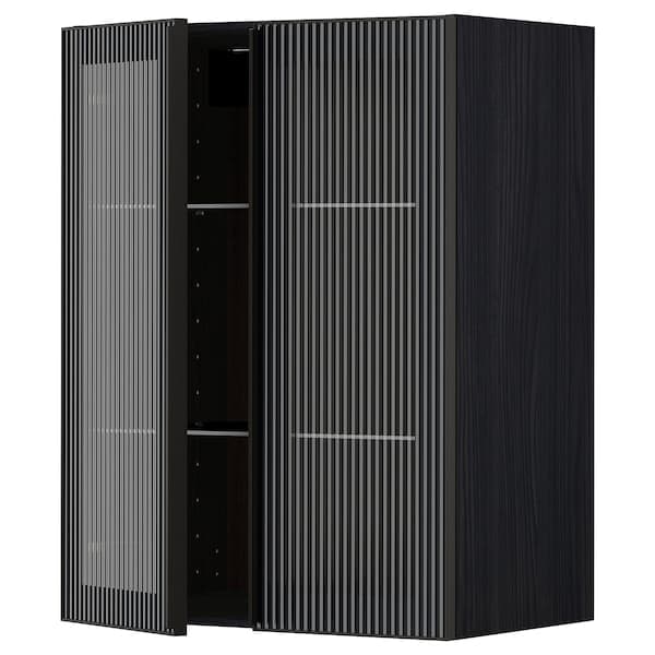 METOD - Wall cabinet w shelves/2 glass drs, black/Hejsta anthracite reeded glass, 60x80 cm - best price from Maltashopper.com 69490732
