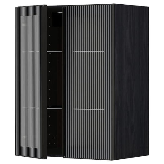 Ikea METOD - Wall cabinet w shelves/2 glass drs, black/Hejsta anthracite reeded glass, 60x80 cm