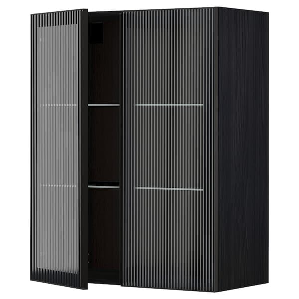 METOD - Wall cabinet w shelves/2 glass drs, black/Hejsta anthracite reeded glass, 80x100 cm - best price from Maltashopper.com 99490735
