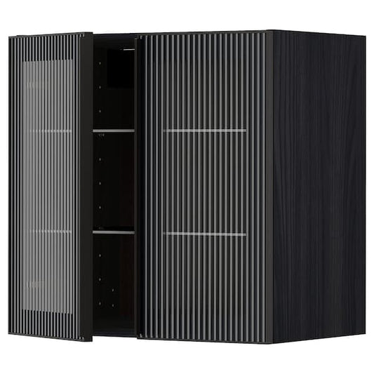 Ikea METOD - Wall cabinet w shelves/2 glass drs, black/Hejsta anthracite reeded glass, 60x60 cm