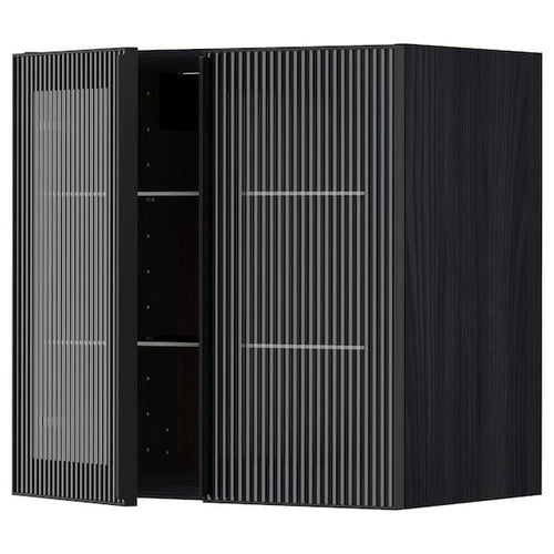 METOD - Wall cabinet w shelves/2 glass drs, black/Hejsta anthracite reeded glass, 60x60 cm