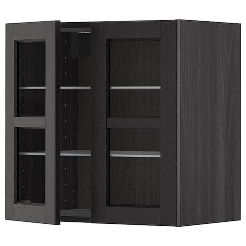 METOD - Wall cabinet w shelves/2 glass drs, black/Lerhyttan black stained, 60x60 cm