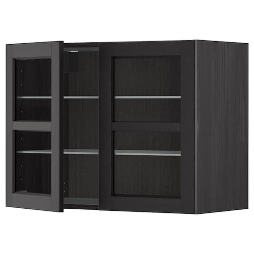 METOD - Wall cabinet w shelves/2 glass drs, black/Lerhyttan black stained, 80x60 cm